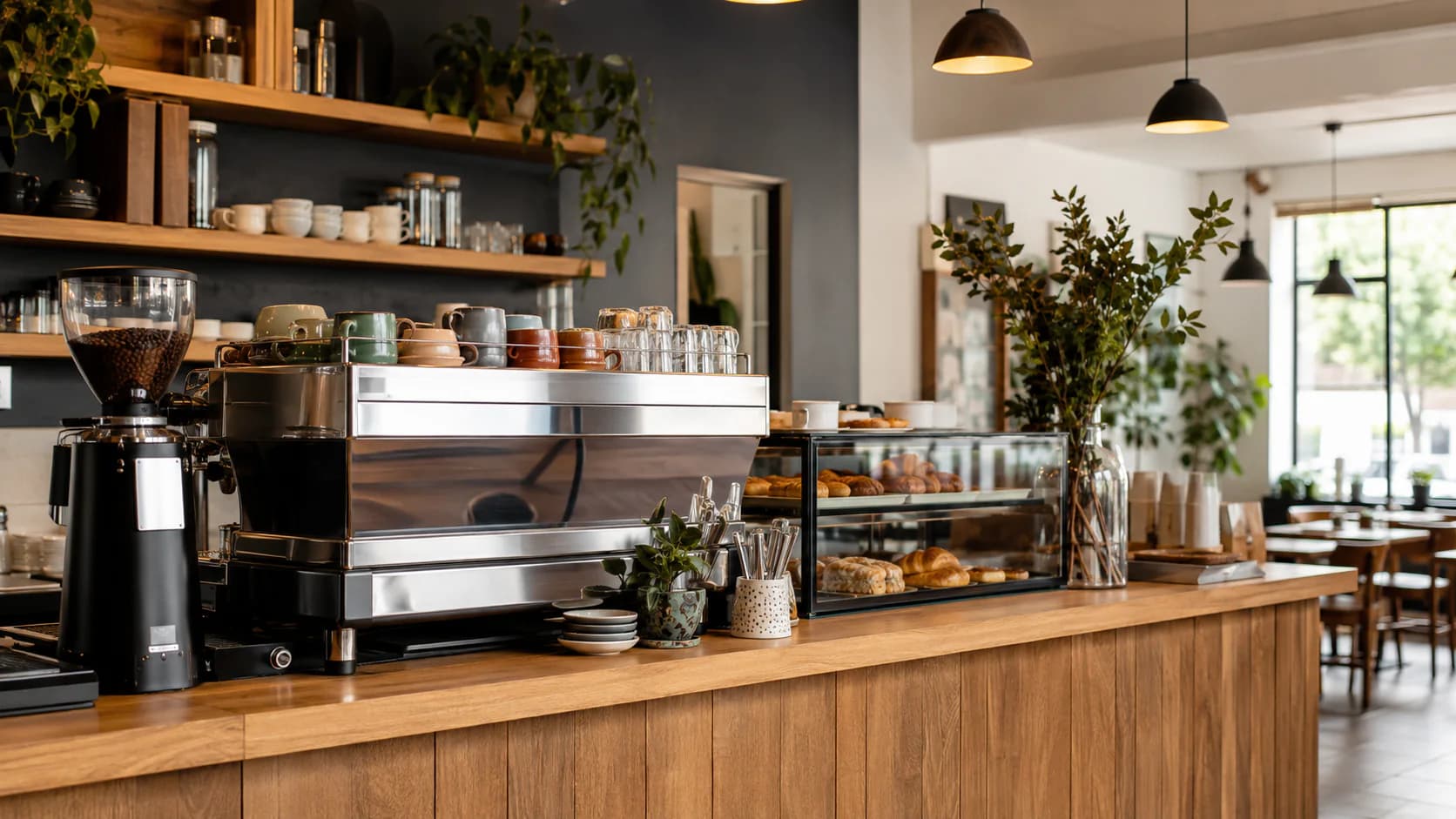 Cafe counter with an espresso machine and pastry display.