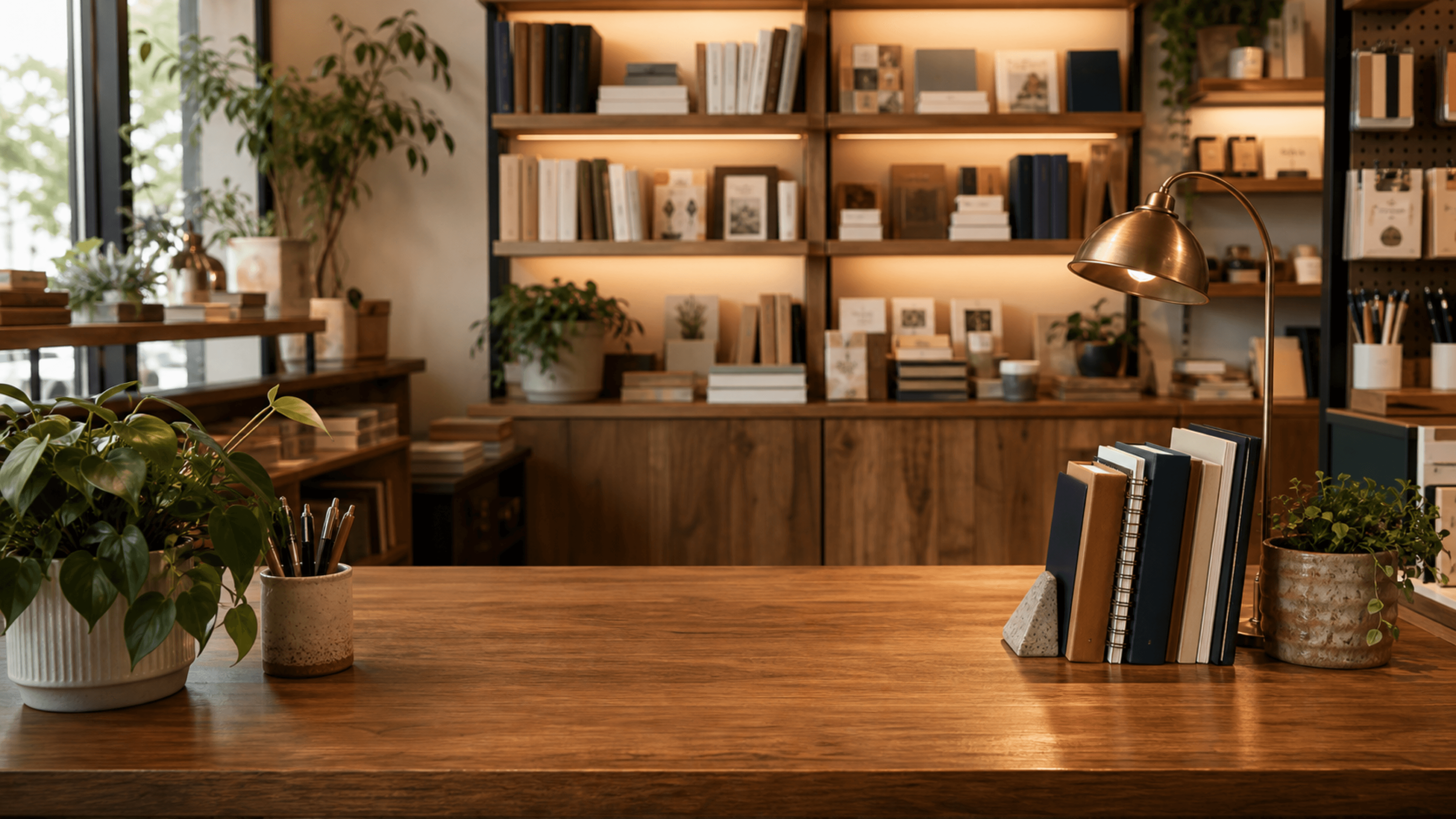 Bookshop and stationery counter with books, notebooks, desk supplies, and warm shelving.