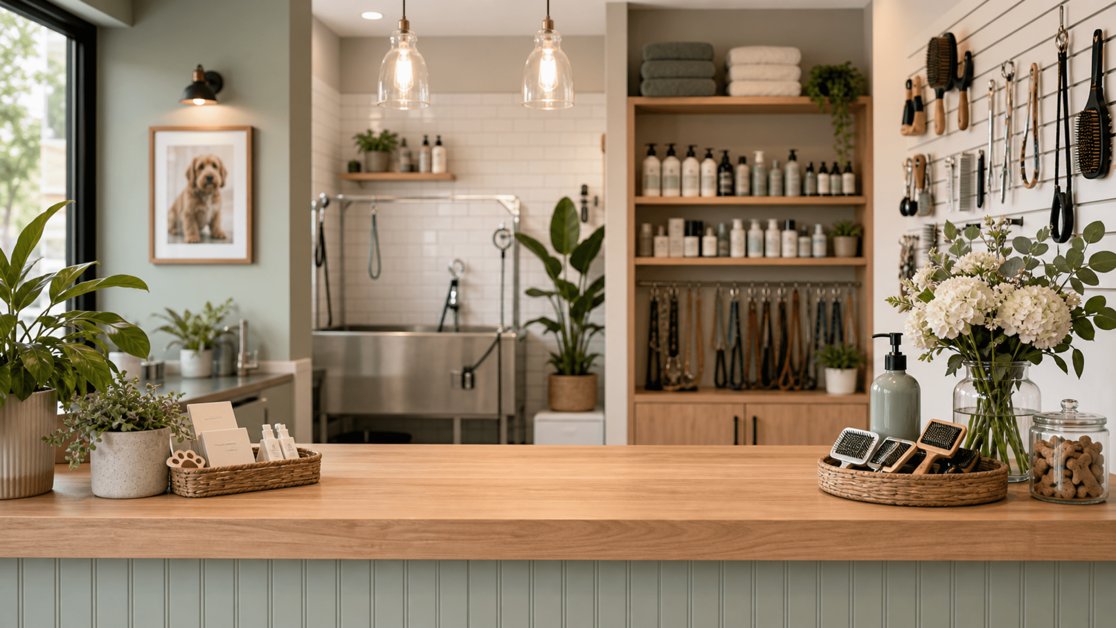 Pet grooming studio reception with grooming tools, care products, towels, and a service counter.