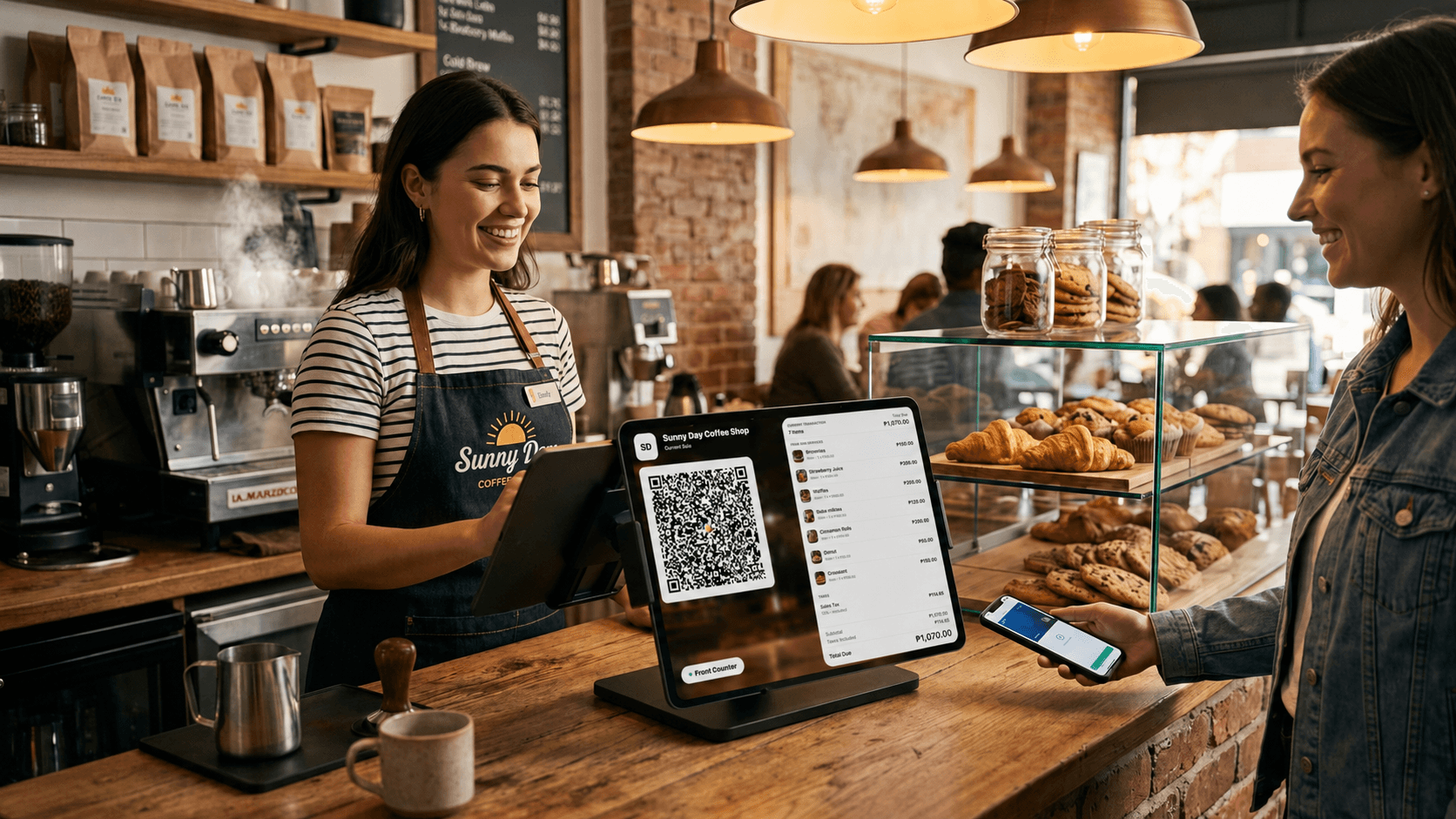 Cafe staff member using BizAssist POS while a customer reviews the customer-facing sale display.