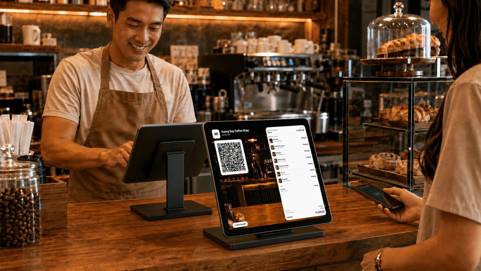 Cafe checkout with a customer-facing BizAssist display showing store branding, sale lines, totals, and a QR code.
