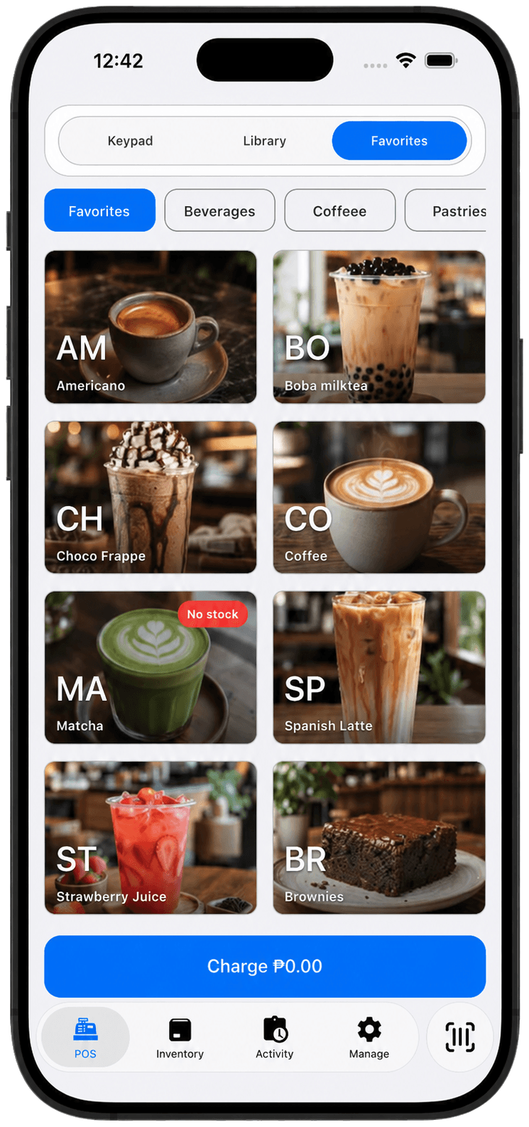 BizAssist POS phone interface showing favorite product tiles.