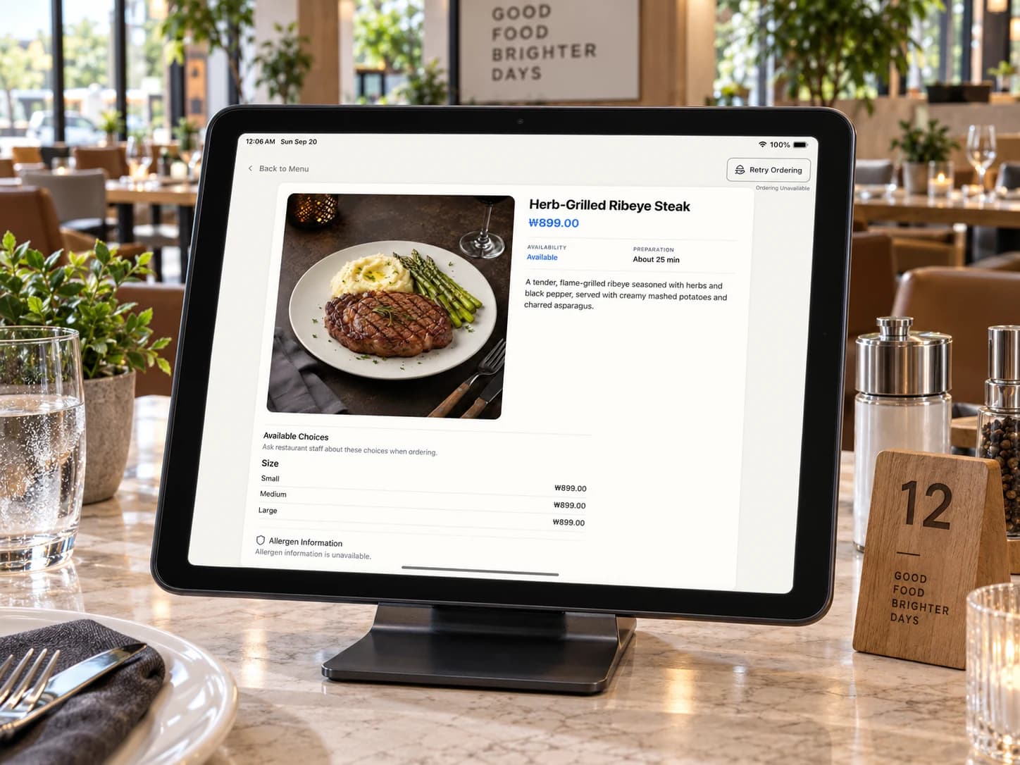 Customer Menu item-detail page on a dining-table tablet, showing a steak photo, description, price, preparation estimate, and size choices in browsing mode.
