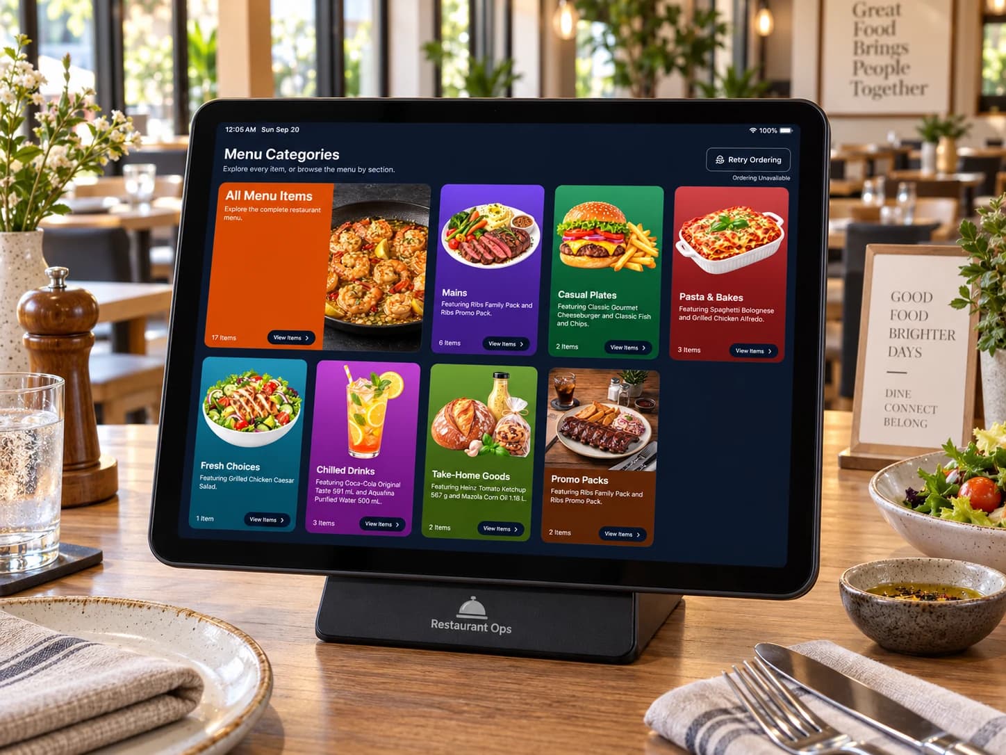 Guest Customer Menu showing visual section cards for Mains, Casual Plates, Chilled Drinks, and Promo Packs on a dining-table tablet.