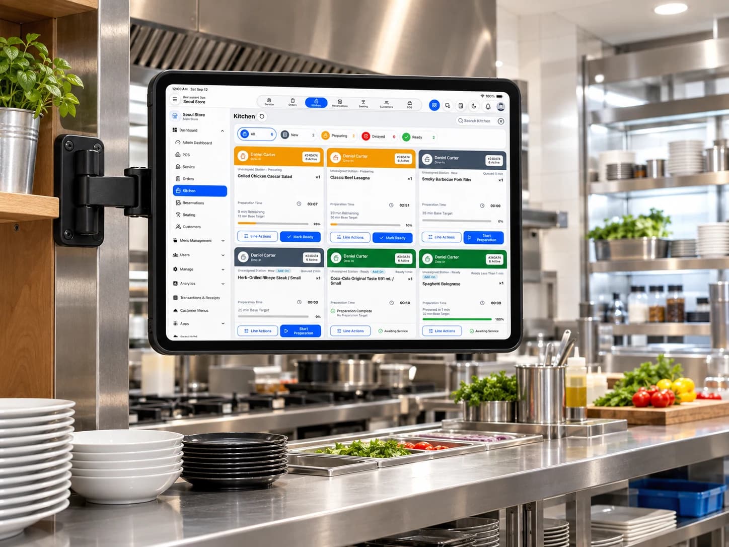 Kitchen display with New, Preparing, and Ready item cards, preparation timers, and Start Preparation and Mark Ready actions.