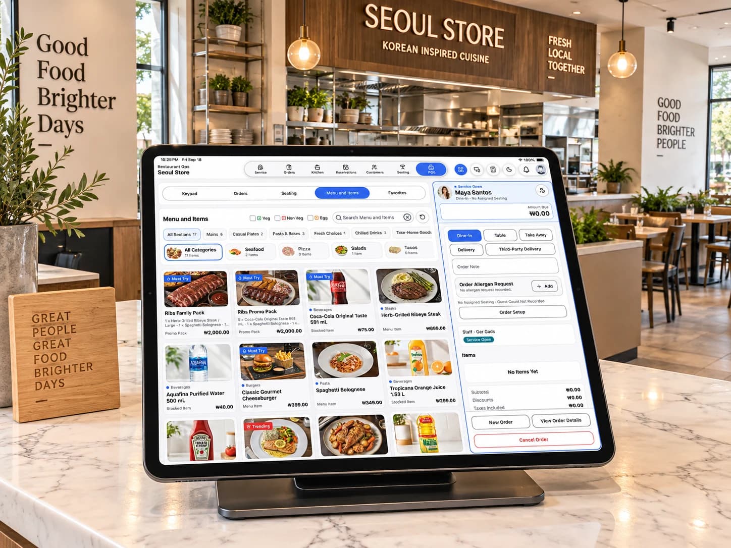 Restaurant POS on a counter tablet, with service-mode choices, Order Setup, and an empty Current Order beside the menu.