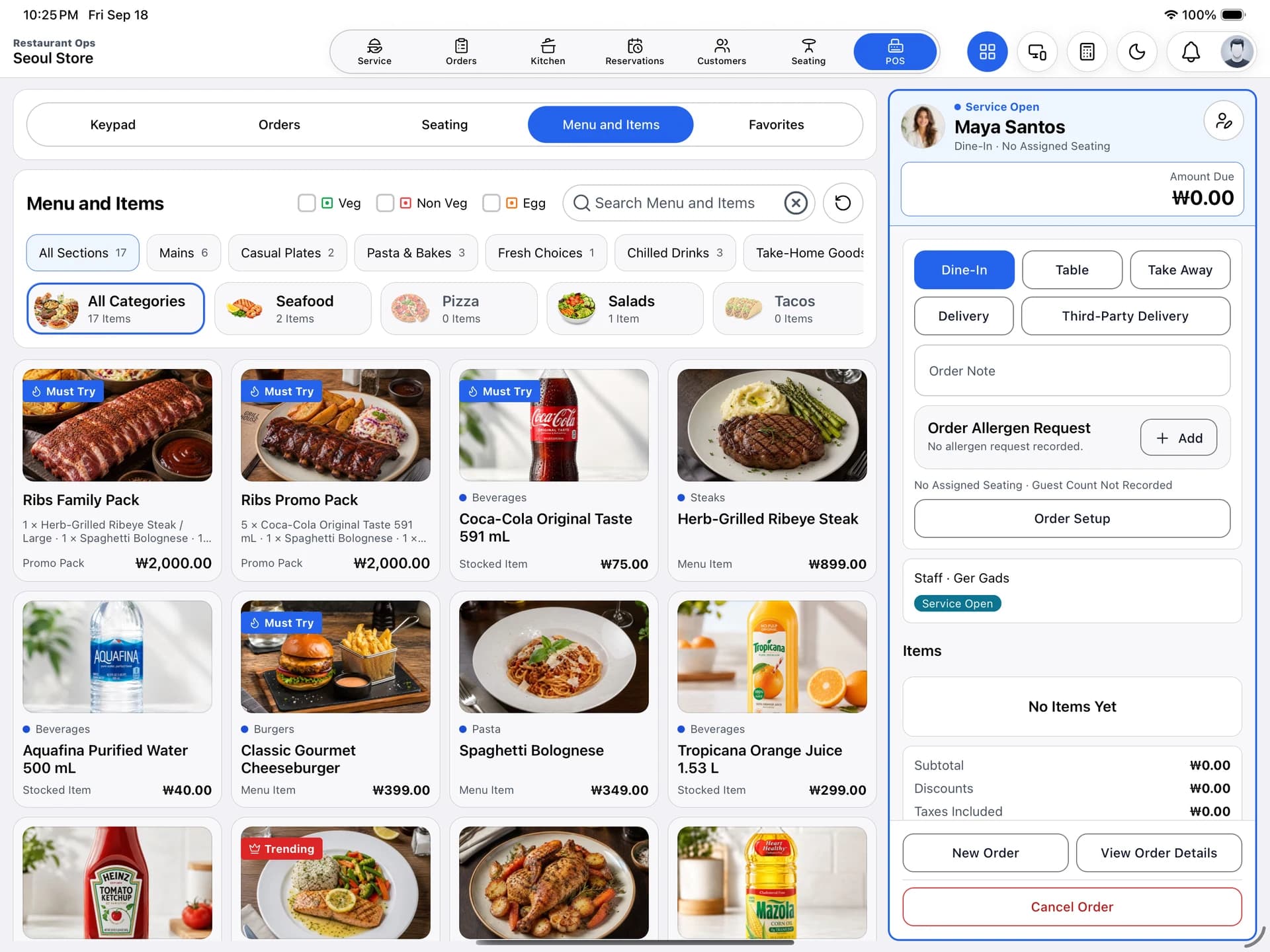 Restaurant POS with menu sections, item cards, Promo Packs, and Current Order.